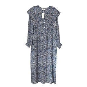 Sonmer Womens Floral Long Sleeve Ruffle Trim Maxi Dress Blue Multi Small NWT
